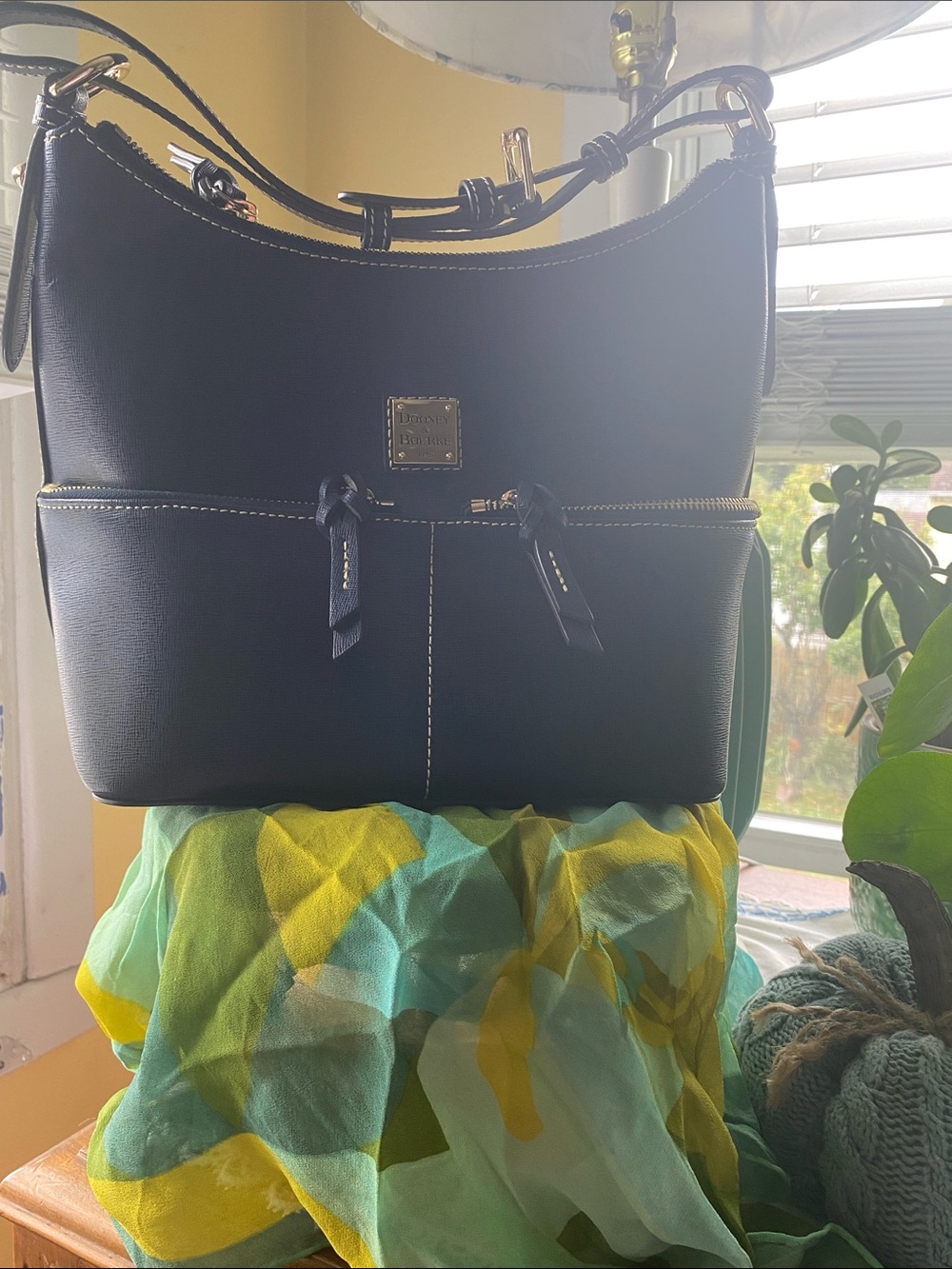 Dooney & Bourke navy color Pebble Leather Shoulder Bag with Contrast Stitching